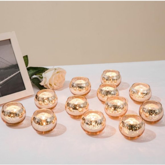 Set of 12 - Fireworks - Round Gold Mercury Glass Candle Holders (Bowl Shaped) - Picture 6 of 9